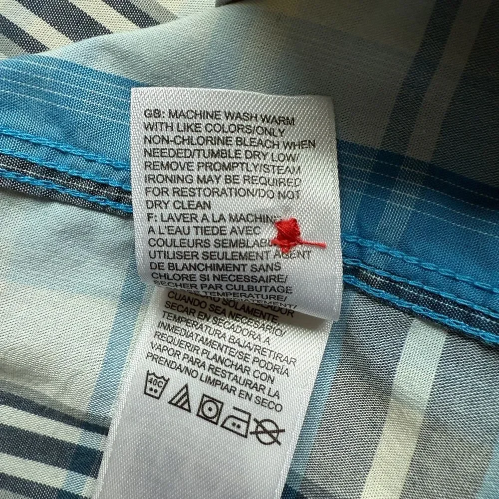 The Northface Large Blue Plaid Men's Shirt Short Sleeve Button Front.